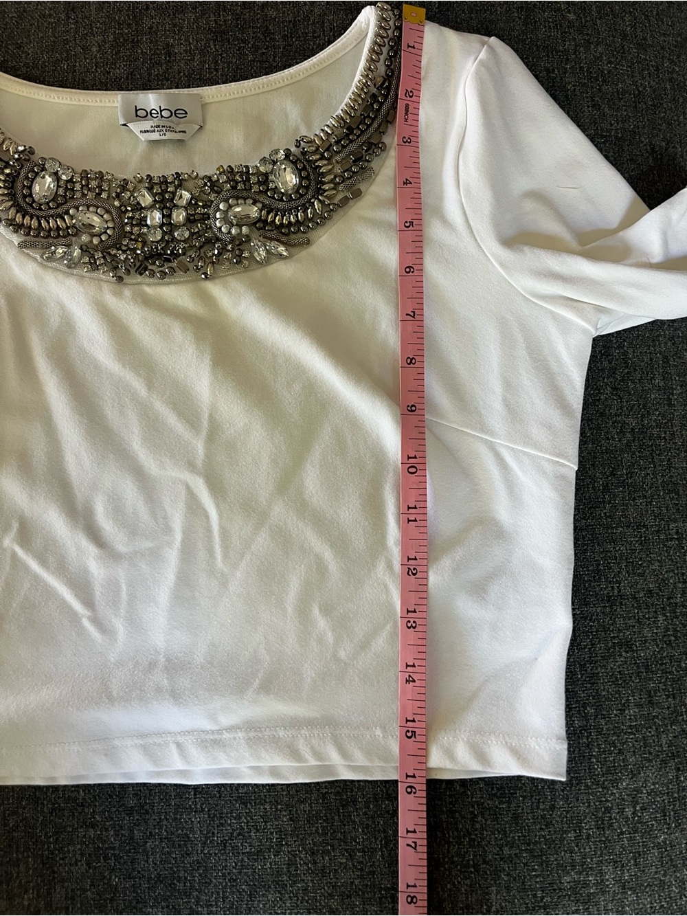 bebe White Long Sleeve Top with Beaded Jeweled Collar - Picture 5 of 6